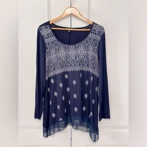 BLEU Women's Boho Gauzy Long Sleeve Blouse‎ Size XL NWOT Navy, Gray, Silver